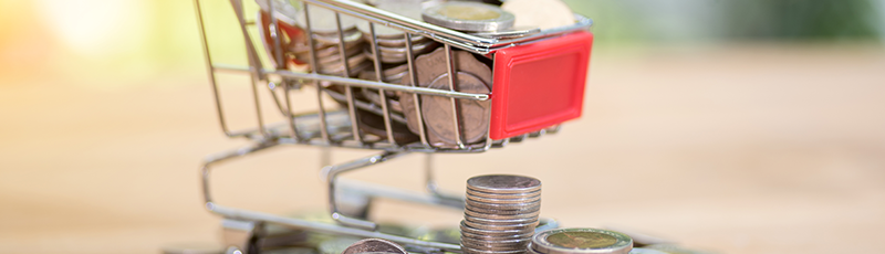grocery cart with money representing taxes for online sellers